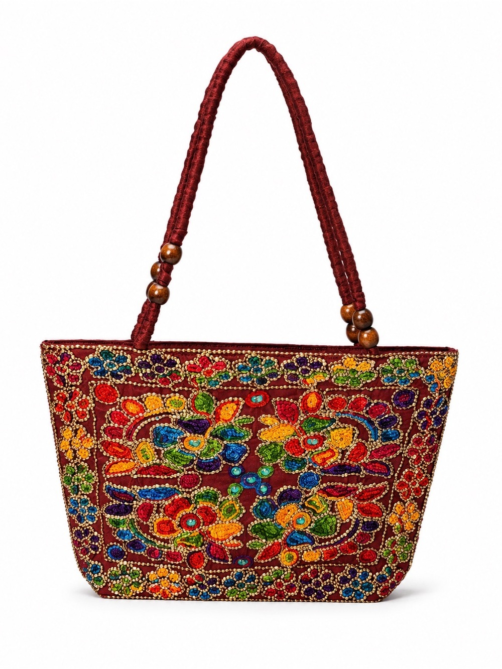 Embroidered Multicolor Beaded Tote Bag - Women